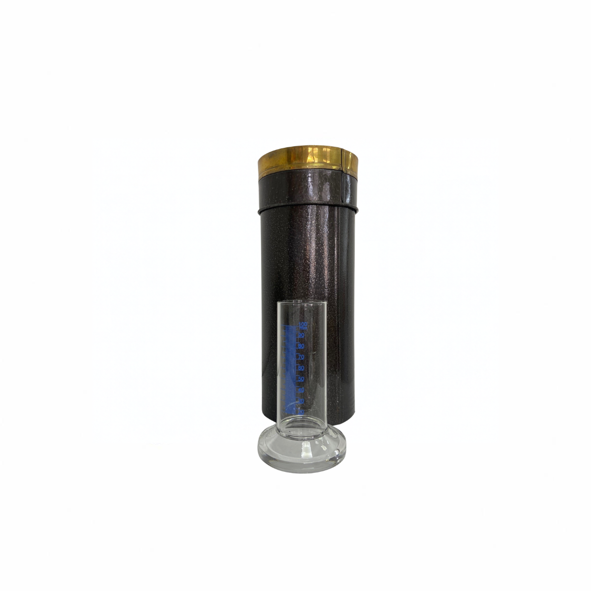 Assembled metal rain gauge with brass-rimmed funnel on top and glass measuring cylinder in front