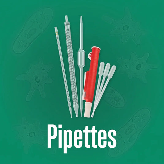 Graduated and volumetric glass pipettes with plastic pipettes and a red filler bulb
