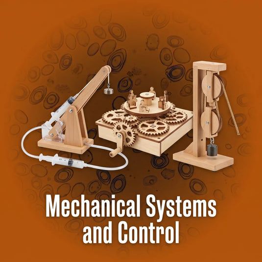 Wooden mechanical model kits with gears, pulleys and a hydraulic arm