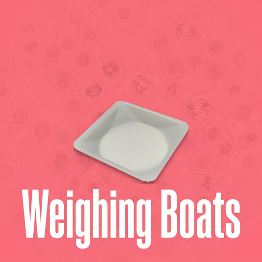 A white antistatic weighing boat for use on a laboratory balance