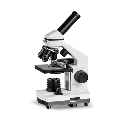 Monocular student microscope with 360 degree rotating head, three objectives and mechanical stage with vernier scales