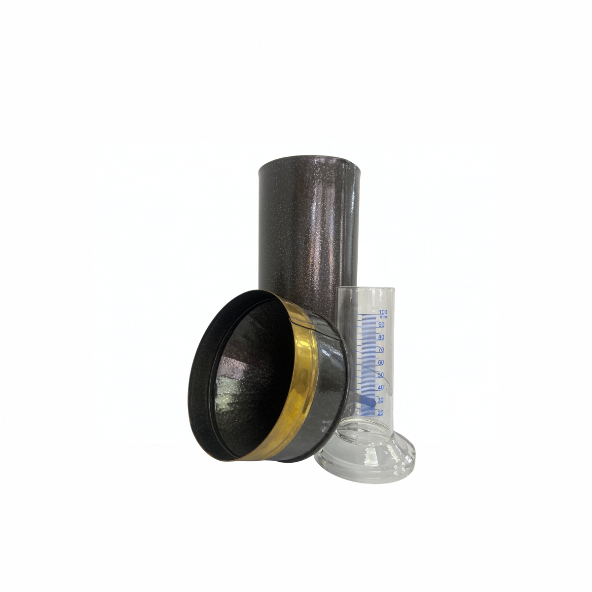 Metal rain gauge parts: dark cylinder body, brass-rimmed funnel and graduated glass measuring cylinder