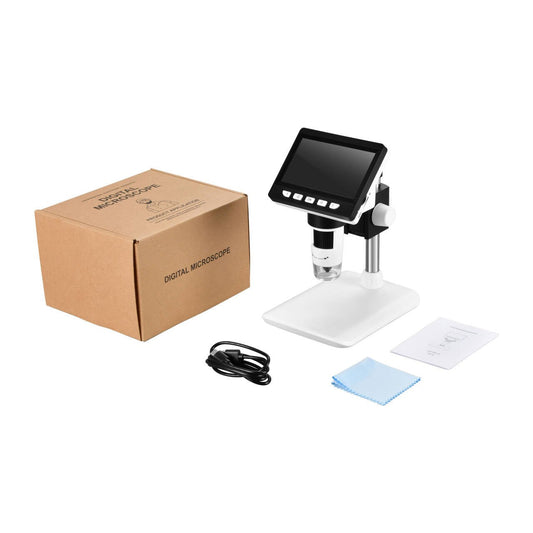 4.3 inch LCD digital microscope on a white stand with box, USB cable, cleaning cloth and manual