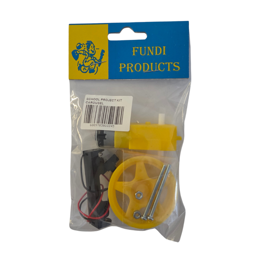 Carousel School Project Kit with gear motor, drive wheel and toggle switch on white background