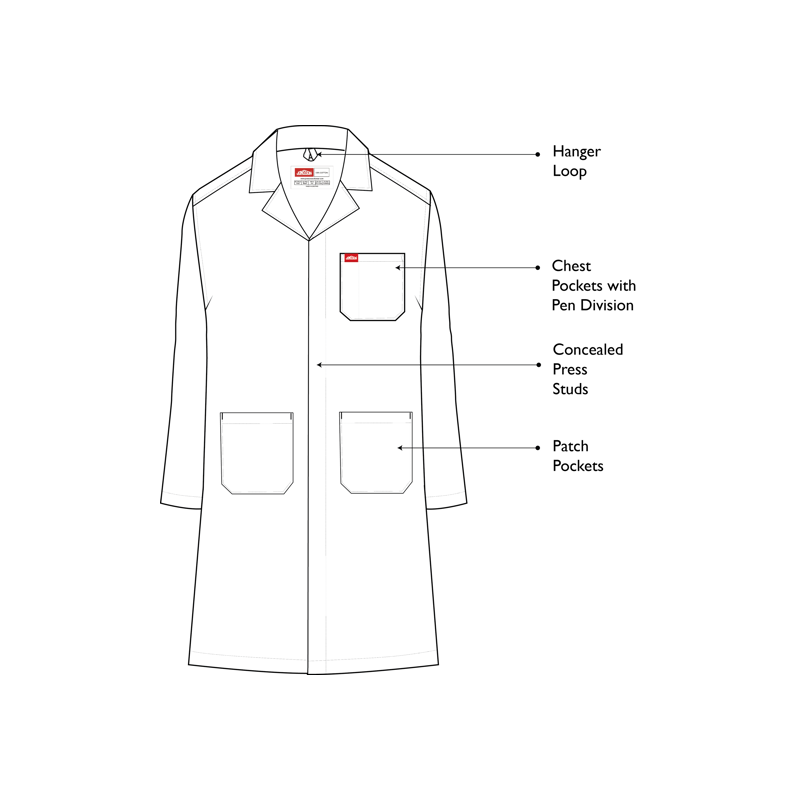 Jonsson lab coat label and sizing, Small to 3XL sizes available from SmartLabs
