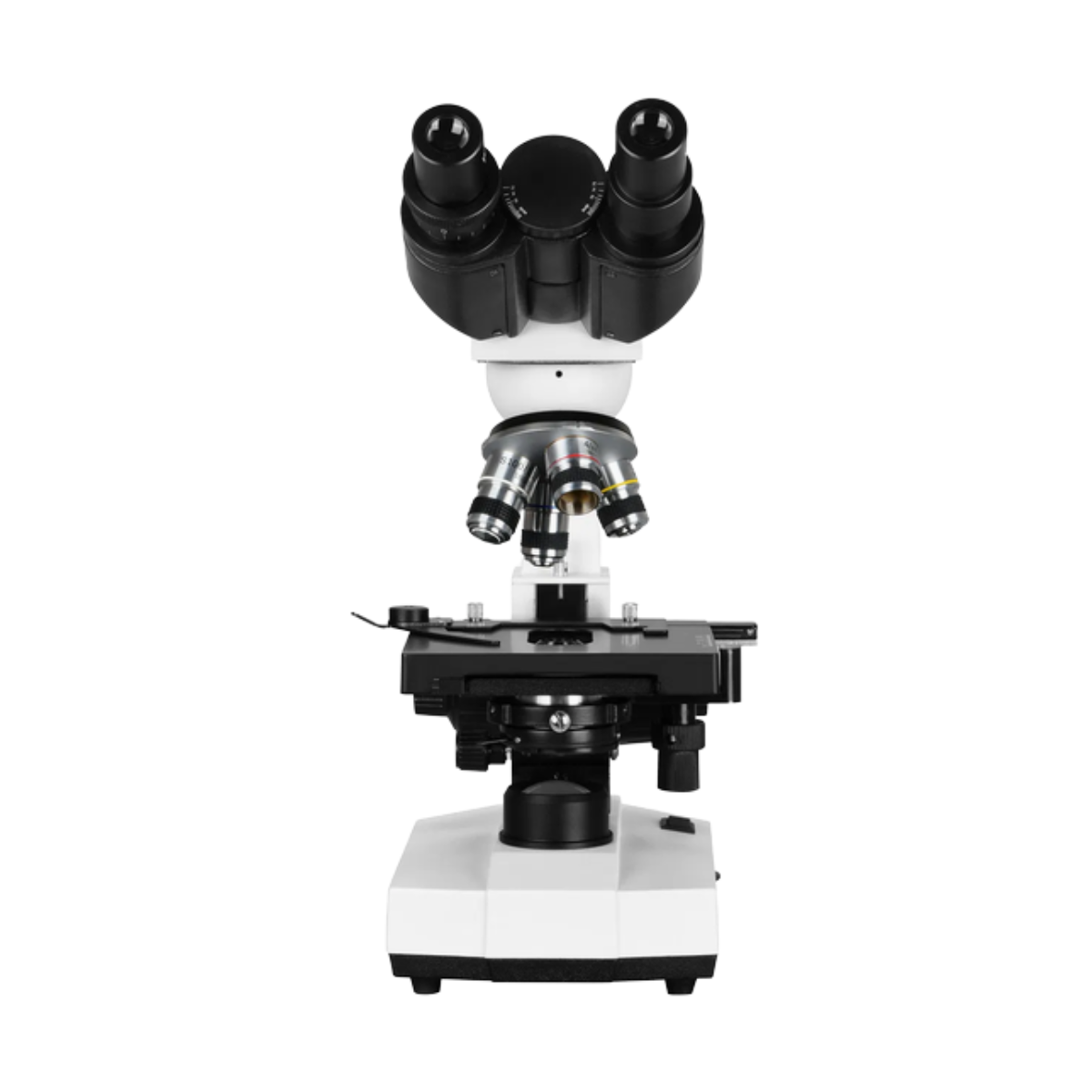 Front view of a binocular microscope showing both eyepieces, revolving nosepiece and mechanical stage
