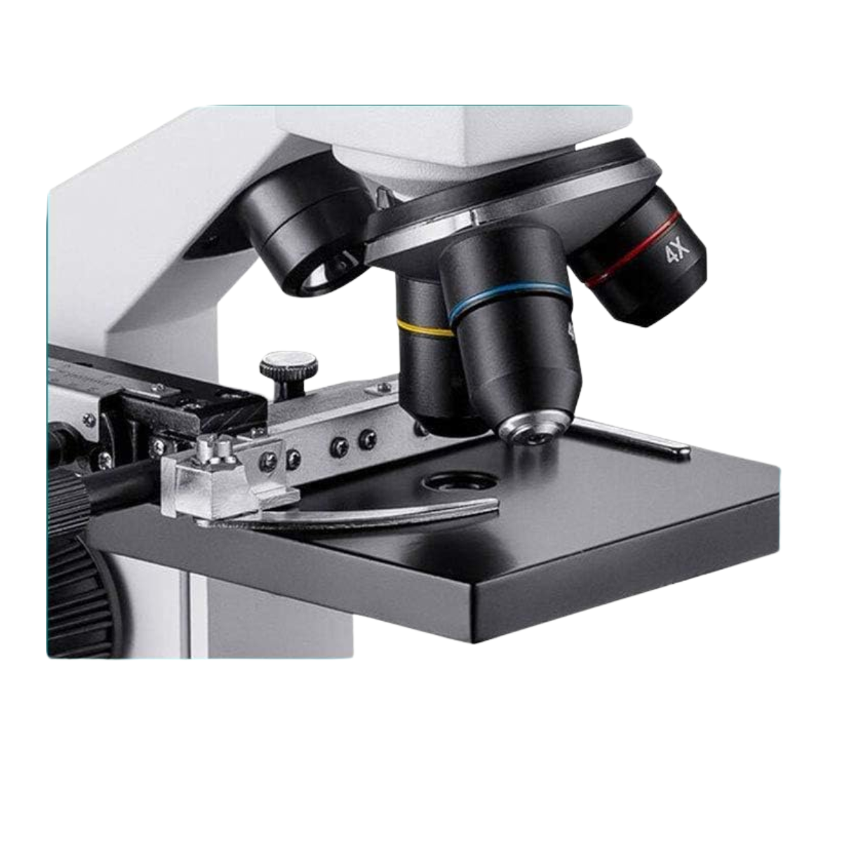 Close-up of the 4x objective above a mechanical stage holding a glass slide