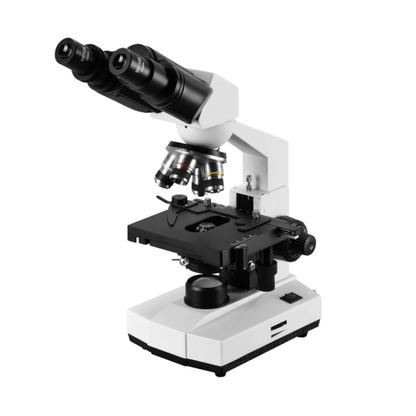Binocular compound microscope with inclined twin eyepieces, four objectives and double-layer mechanical stage
