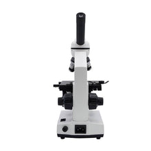 Rear view of a monocular microscope showing the mains power socket and dimmer knob on the base