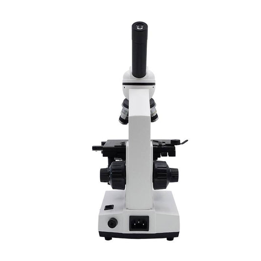 Rear view of a monocular microscope showing the mains power socket and dimmer knob on the base
