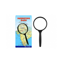 75mm handheld magnifying glass with black handle beside its box