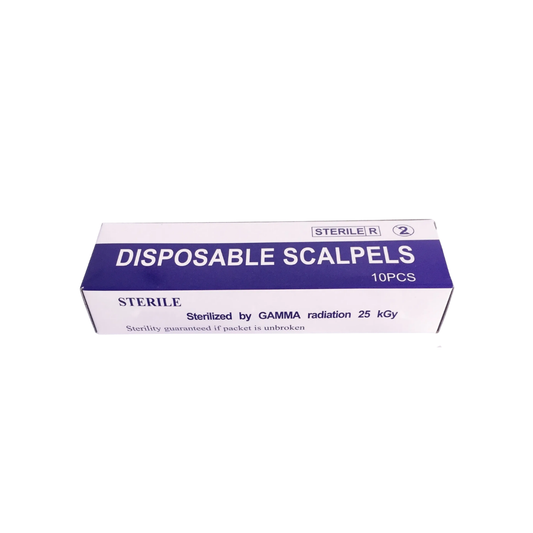 Box of 10 sterile disposable scalpels, labelled gamma sterilised