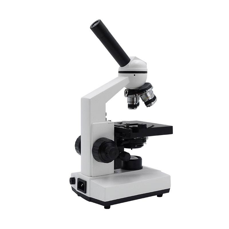 Side view of a white monocular microscope with coarse and fine focus knobs and power switch