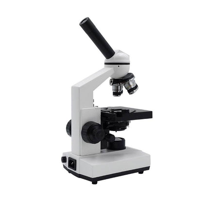 Side view of a white monocular microscope with coarse and fine focus knobs and power switch