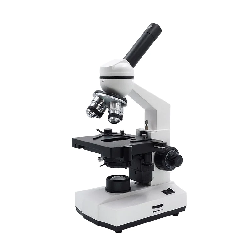 Monocular compound microscope with inclined eyepiece, four objectives and double-layer mechanical stage