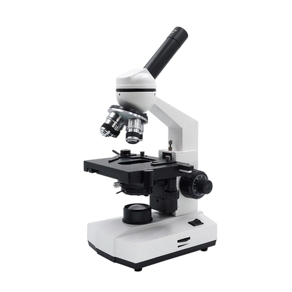 Monocular compound microscope with inclined eyepiece, four objectives and double-layer mechanical stage