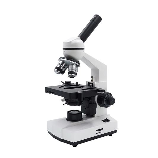 Monocular compound microscope with inclined eyepiece, four objectives and double-layer mechanical stage