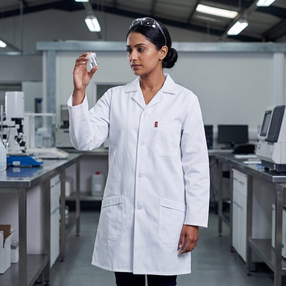 Woman wearing a white GFOX acid resistant lab coat inspecting a sample in an industrial laboratory