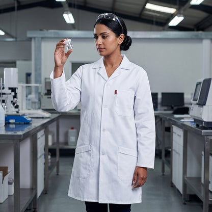 Woman wearing a white GFOX acid resistant lab coat inspecting a sample in an industrial laboratory