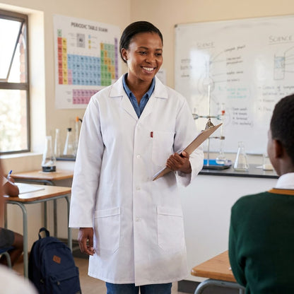 Female teacher wearing a white GFOX acid resistant lab coat in a school science classroom