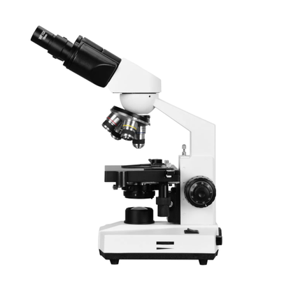 Side view of a binocular microscope showing the focus knobs, condenser and LED light in the base