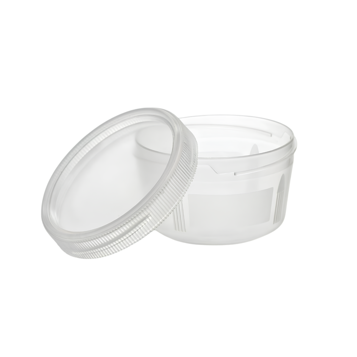 30mL clear plastic specimen container with the screw-on lid removed beside it
