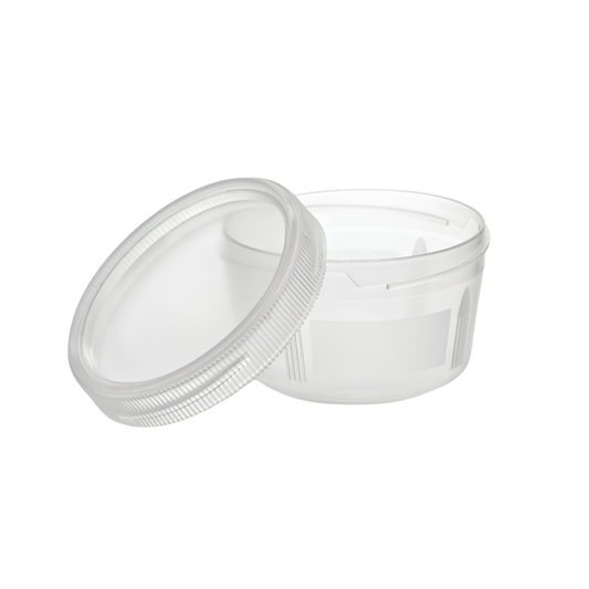 30mL clear plastic specimen container with the screw-on lid removed beside it