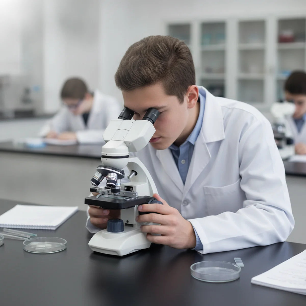 Student using binocular microscope in classroom