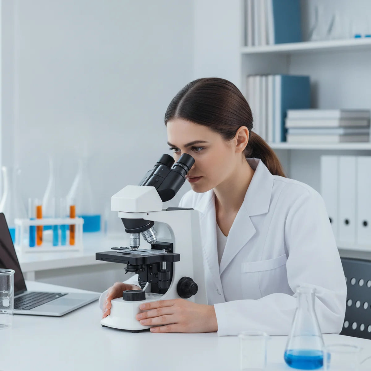 Researcher using binocular microscope