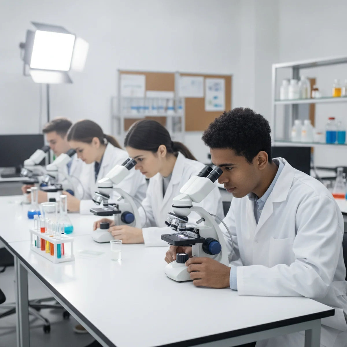University students in microscopy practical
