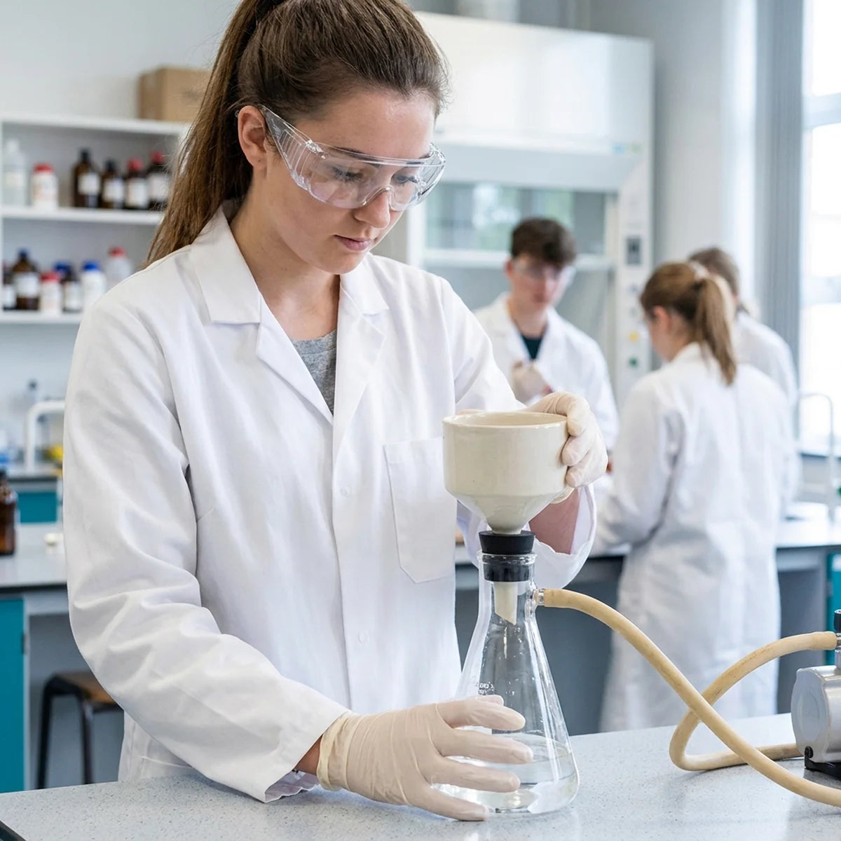 Student using Buchner funnel vacuum filtration