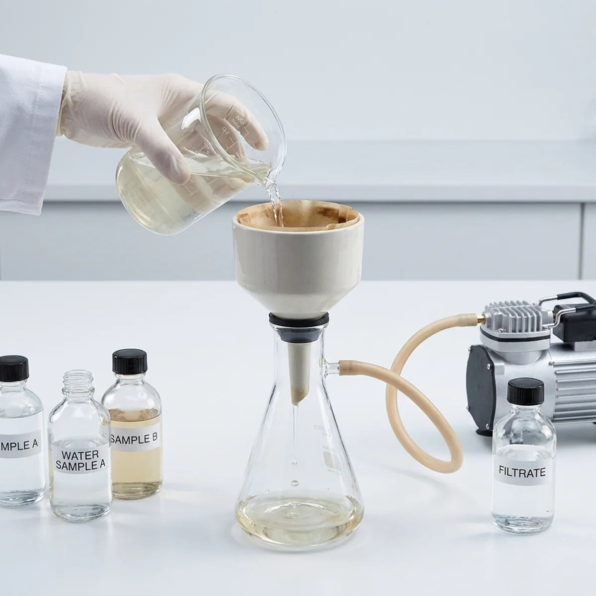 Filtering water sample through Buchner funnel