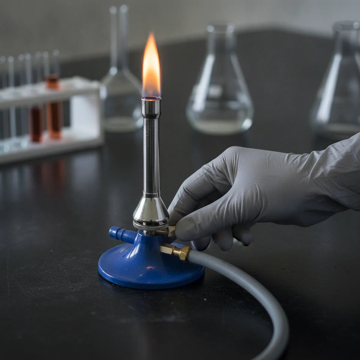 Student turning the air vent collar on a Bunsen burner base, gas hose connected