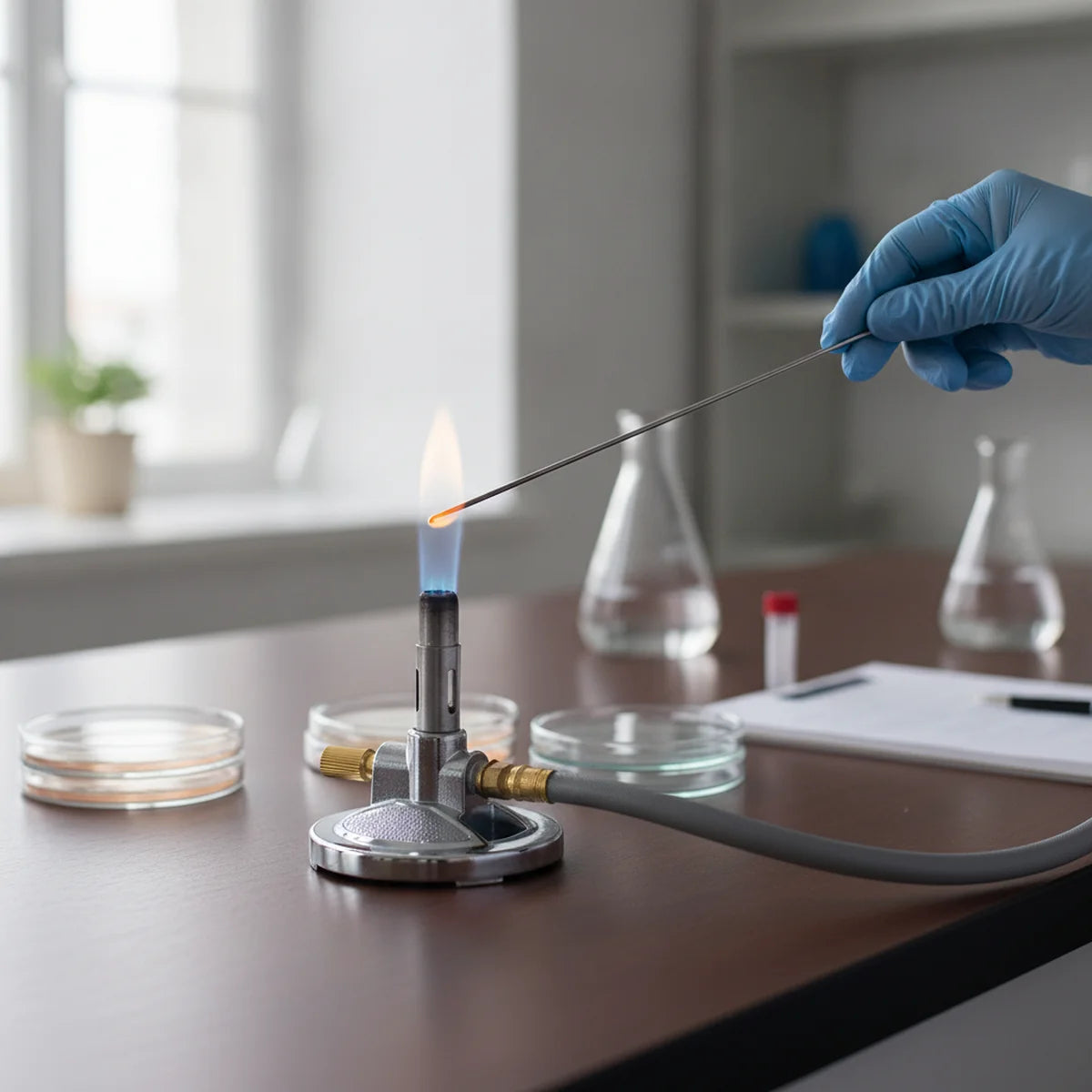 Sterilising an inoculation loop by passing it through a Bunsen burner flame, gas hose connected