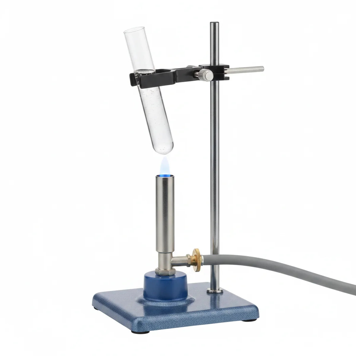 Bunsen burner heating a test tube held at an angle, gas hose connected