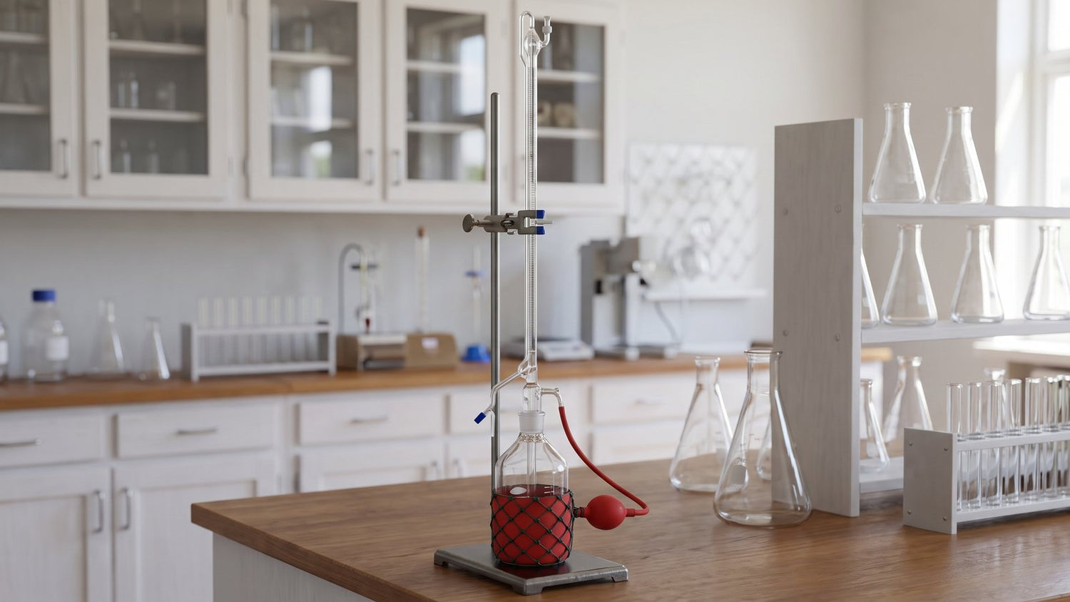 Automatic burette with reservoir bottle in a chemistry lab