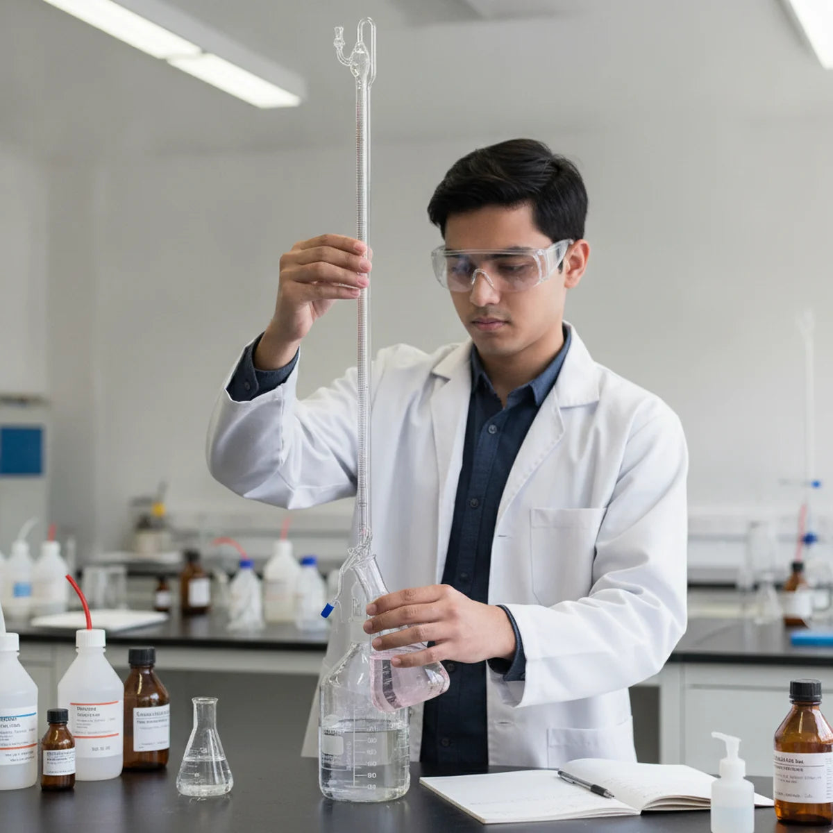 Student performing an acid-base titration with a burette