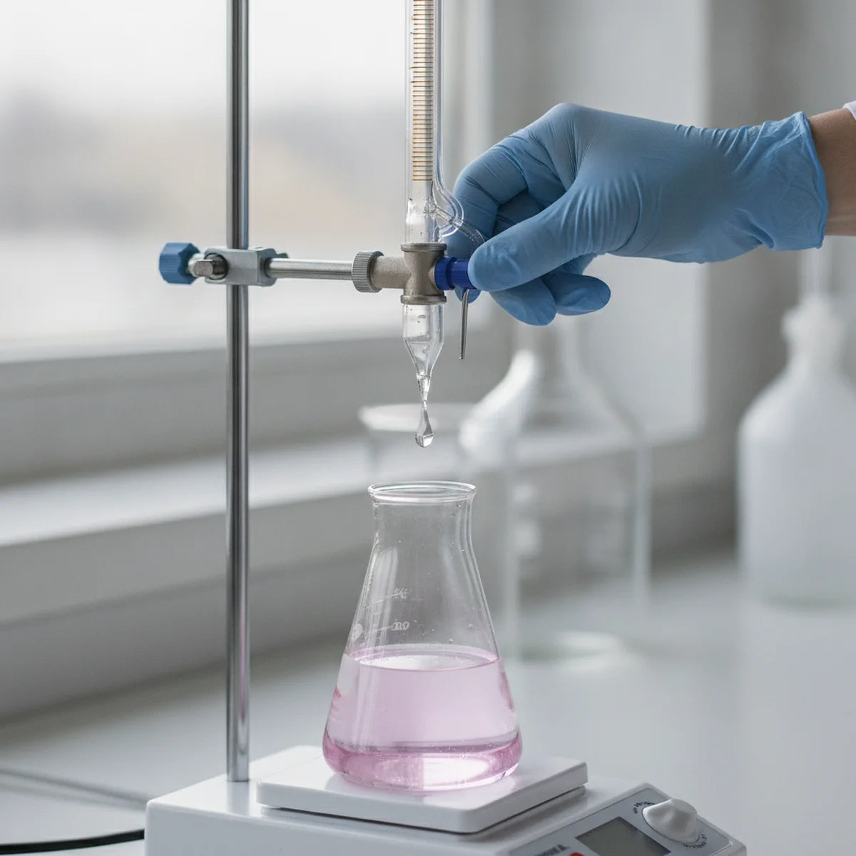 Releasing a drop of titrant from a burette into a conical flask