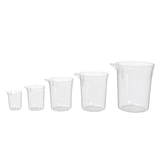 Polypropylene plastic beaker with moulded graduation markings for chemical-resistant lab use