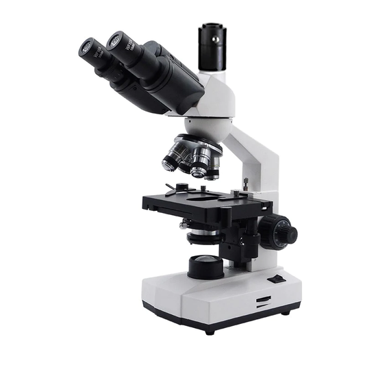 Trinocular compound microscope with twin eyepieces, camera port, four objectives and mechanical stage