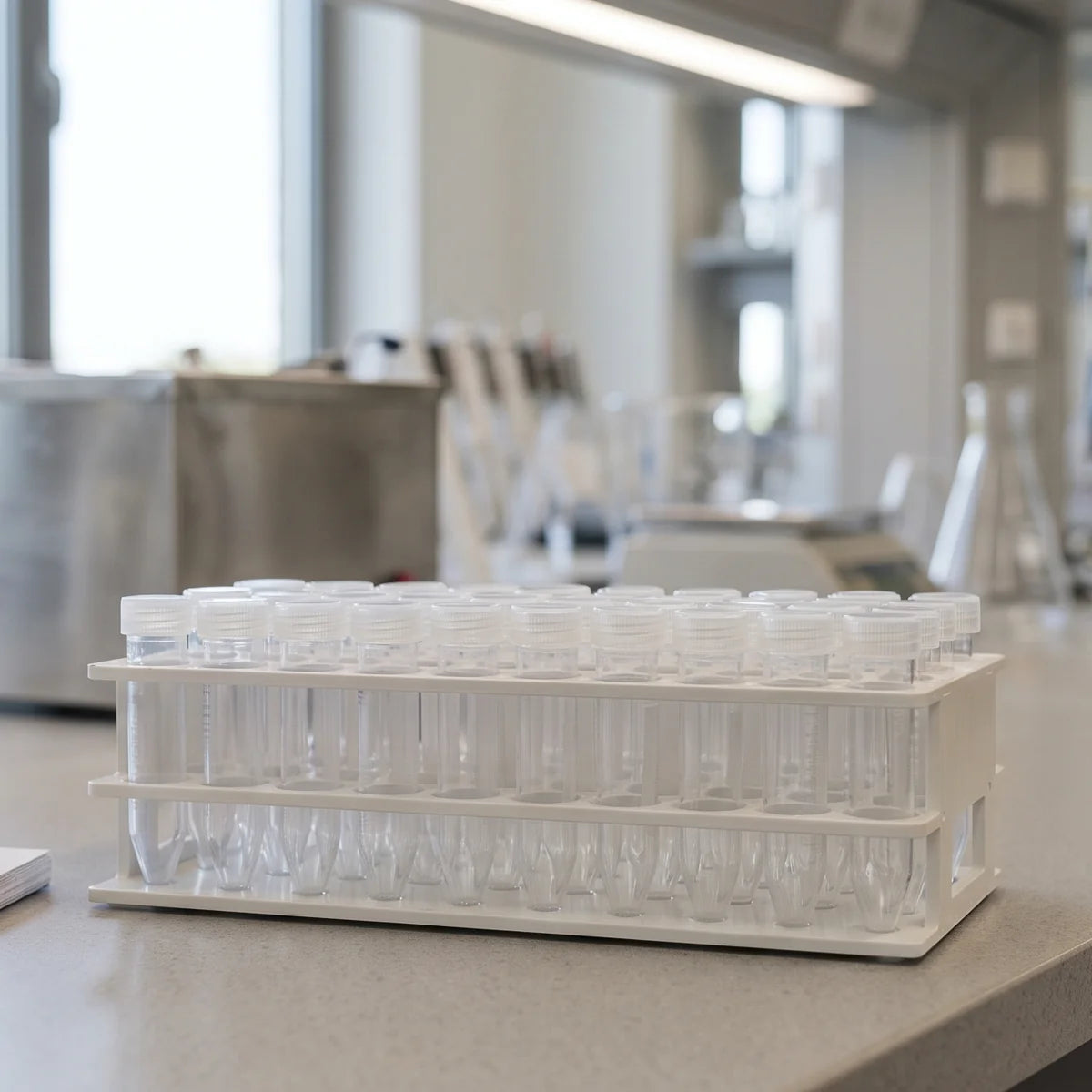 Tidy laboratory bench with a full centrifuge tube rack as the focal point