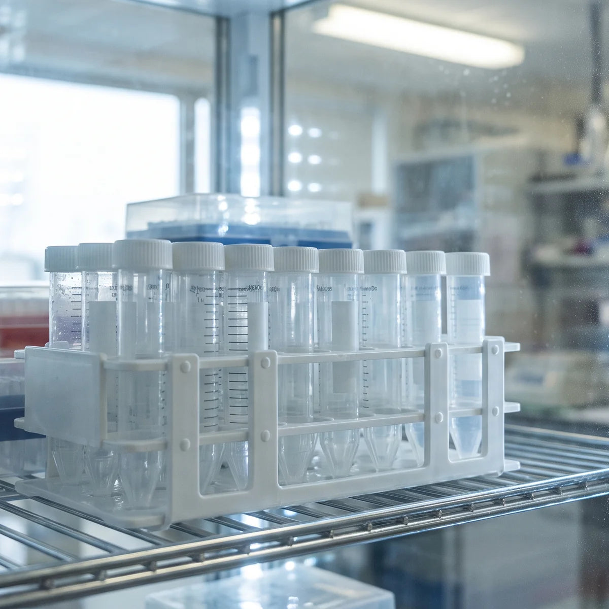 Centrifuge tube rack stored on a shelf inside a laboratory refrigerator