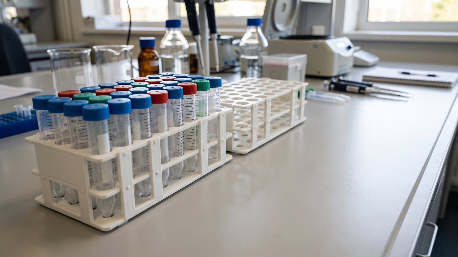 White multi-well rack holding upright capped centrifuge tubes