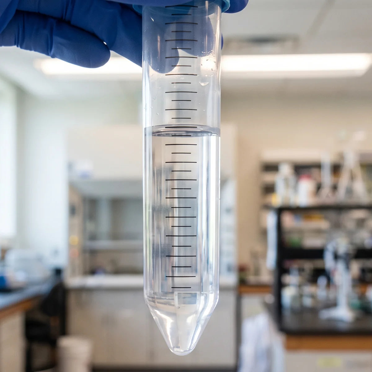 Reading the moulded volume graduations on a clear centrifuge tube