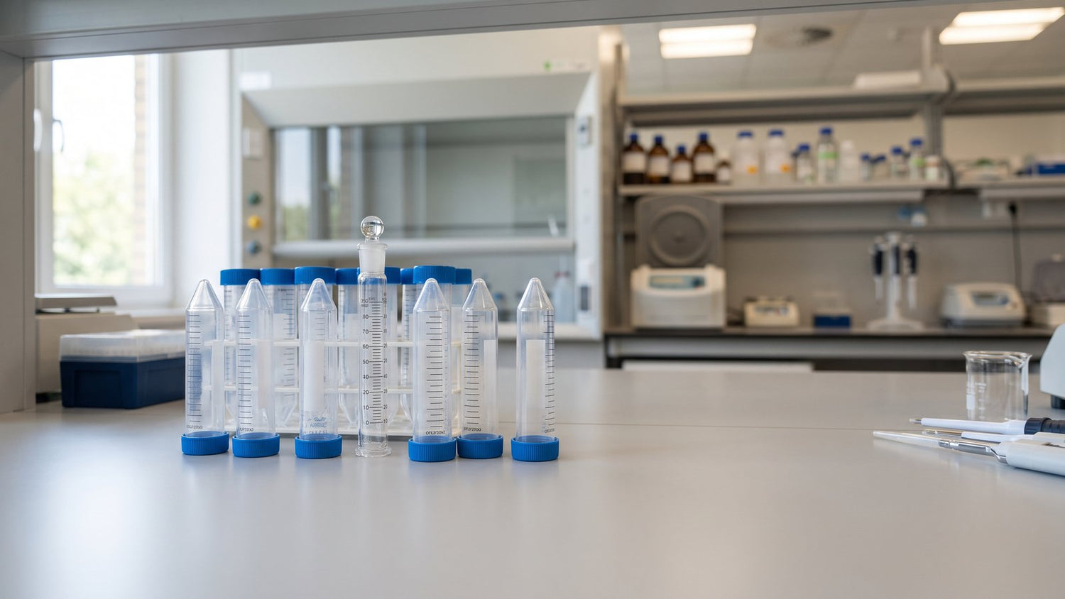 Cluster of conical centrifuge tubes with blue screw caps on a lab bench