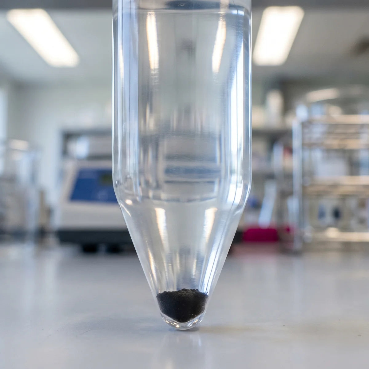 Close-up of a compact pellet collected in the conical bottom of a centrifuge tube