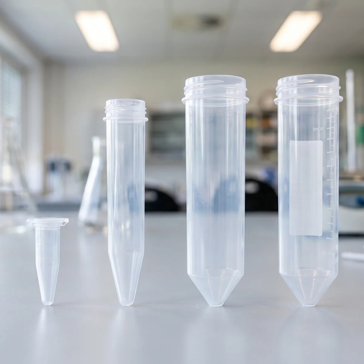 Centrifuge tubes in ascending size from micro tube to 50ml conical