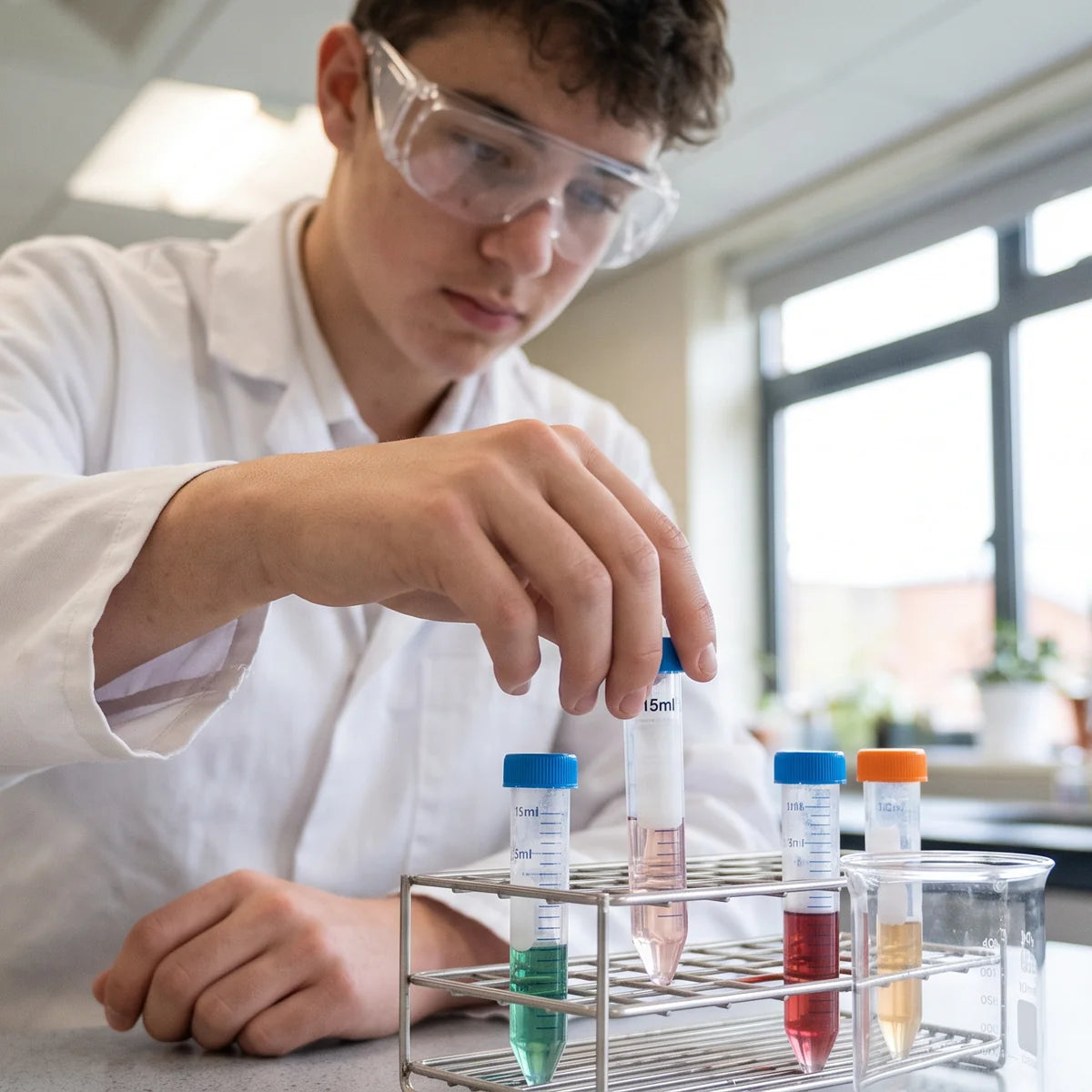 School science student placing a centrifuge tube into a rack during a practical