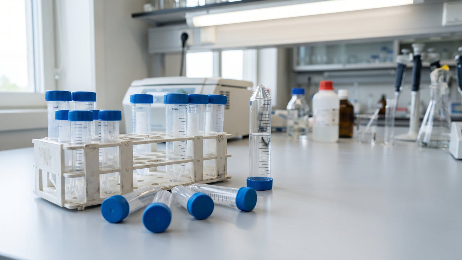 Laboratory bench with a rack of centrifuge tubes in mixed sizes