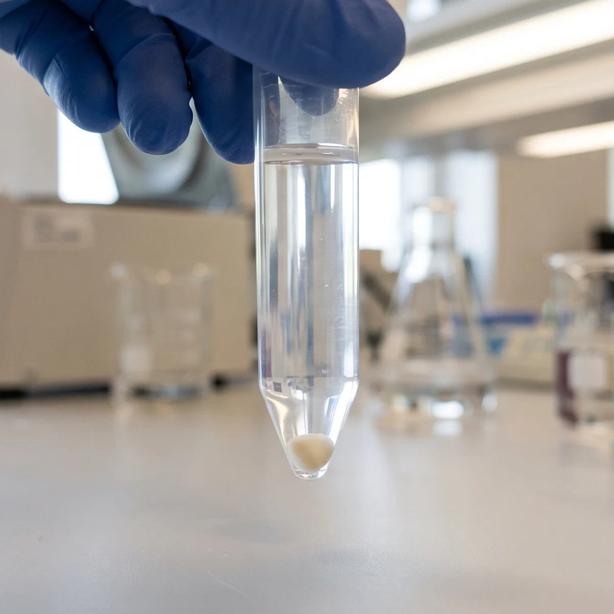 Gloved hand holding a spun centrifuge tube with a pellet settled in the conical tip